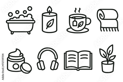 Self-Care Toolkit Icons. Self-care toolkit icons in outline style: bubble bath, scented candle, herbal tea cup, cozy blanket, skincare jar,
