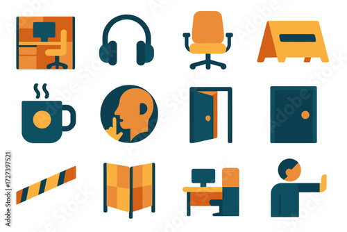 Workplace Icons Set. Personal space at work set of icons in abstract flat : office cubicle, headphones, personal chair, reserved sign, coffee cup
