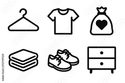 Wardrobe Reset Icons. Wardrobe reset icons in outline style: hanger, shirt, folded stack, donation bag, shoe pair, drawer