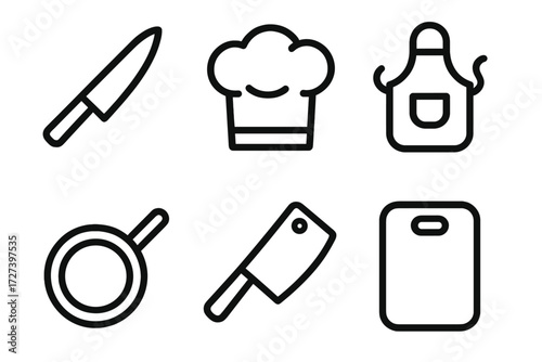 Cooking Icon Set. Professional cooking icons in outline style: chef knife, toque hat, apron, skillet, cleaver, chopping board