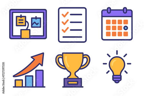 Vibrant Goal Icons. Goal setting in modern flat vector : vision board, checklist, calendar, upward arrow, trophy, lightbulb