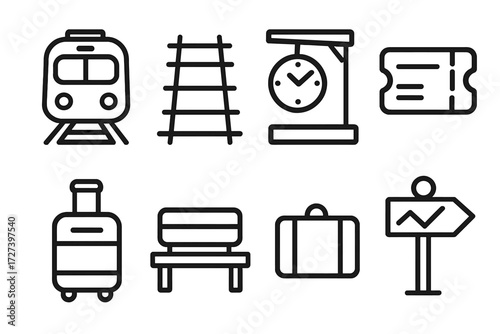 Travel Station Icons. Travel station icons icons in outline style: train front view, railway tracks, platform, clock, ticket, suitcase, bench, map