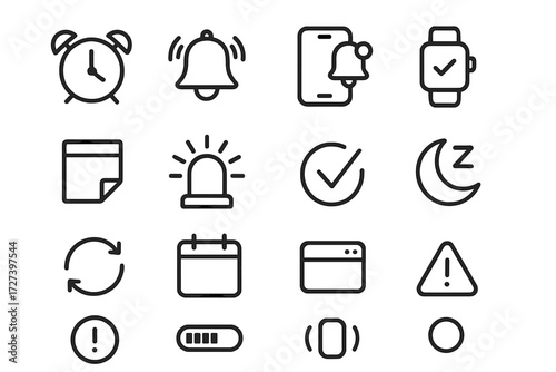 Reminder Icons Set. Reminder symbols icons in outline style: alarm clock, ringing bell, smartphone alert, smartwatch notification, reminder note,