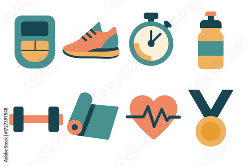 Fitness Icons Set. Fitness tracking set of icons in abstract flat : pedometer, running shoe, stopwatch, water bottle, dumbbell, yoga mat, heartbeat,