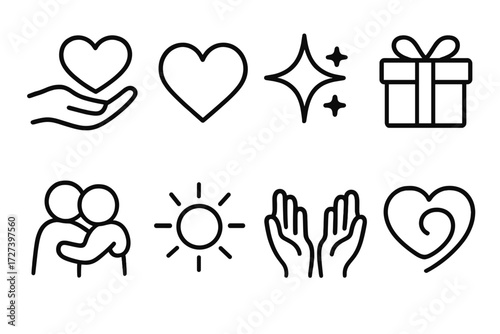 Affection Symbols Icons. Affection symbols icons in outline style: tenderness, heart, star spark, gift box, sun, hug, open hands, love swirl.