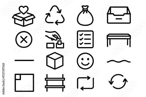 Decluttering Icons Collection. Decluttering icons in outline style: donation box, recycle arrows, trash bag, empty drawer, remove icon, sorting hand,