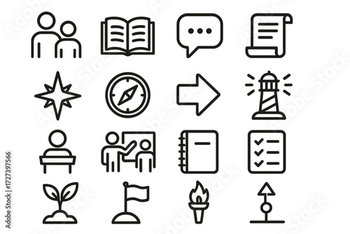 Mentorship Icon Set. Mentorship icons in outline style: guide figure, student figure, open book, speech bubble, advice scroll, guiding star, compass,