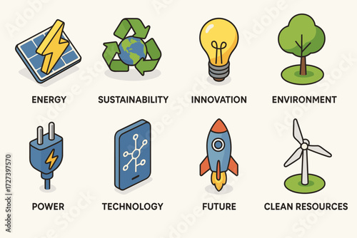 Sustainable Energy Innovation. Concepts set icons in modern isometric flat : energy, sustainability, innovation, environment, power, technology,