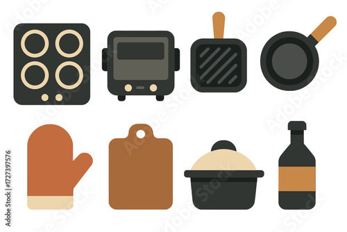 Kitchen Icon Set. Kitchen appliance visuals set of icons in abstract flat : stovetop griddle, electric griddle, grill pan, skillet, lid, oven mitt,