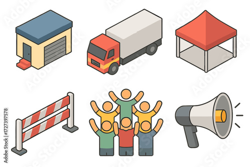 Race Logistics Icons. Race logistics set icons in modern isometric flat : paddock area, truck, tent, barrier, crowd wave, loudspeaker
