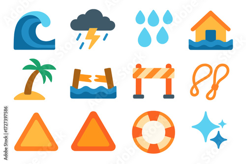 Vibrant Storm Icons Collection. Basic storm surge in modern flat vector : ocean wave, storm cloud, lightning bolt, rain droplet, flooded house, palm