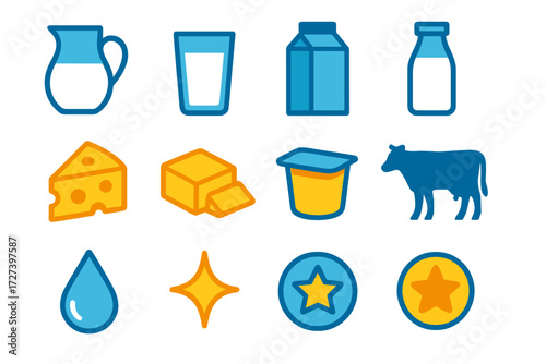 Dairy Icons Collection. Basic milk jug in modern flat vector : milk jug, glass of milk, milk carton, bottle, pitcher, cheese wedge, butter block,