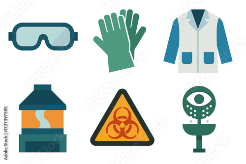 Lab Safety Icons. Lab safety set of icons in abstract flat : goggles, gloves, lab coat, fume hood, hazard symbol, eyewash station