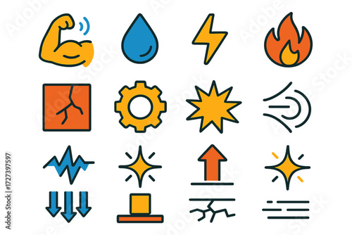 Dynamic Strength Icons. Strength & effort in modern flat vector : flexed arm, muscle icon, sweat droplet, lightning bolt, fire flame, strong