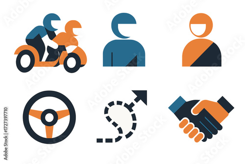 Racing Icons. Team effort set of icons in abstract flat : sidecar race, driver figure, passenger figure, steering wheel, arrow path, handshake