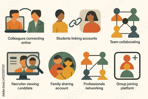 Networking Icons. Situations set of icons in abstract flat : colleagues connecting online, students linking accounts, friends syncing profiles, team