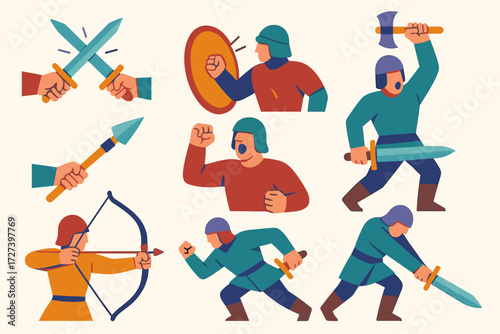 Epic Battle Gestures. Gestures in modern flat vector : sword clash, shield block, raised weapon, two hands gripping weapon, battle cry pose, warrior