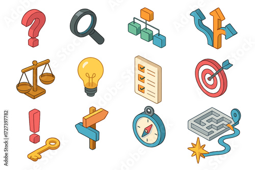 Problem Solving Icons. Problem solving set icons in modern isometric flat : question mark, magnifying glass, decision tree, branching arrows, balance