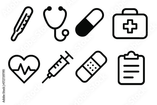 Medical Icons Outline. Medical care icons in outline style: thermometer, stethoscope, pill capsule, first aid kit, heart beat, syringe, bandage,