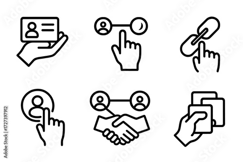 Hand Gesture Icons. Gestures icons in outline style: hand holding profile card, hand linking two icons, hand pointing at chain, hand circling user