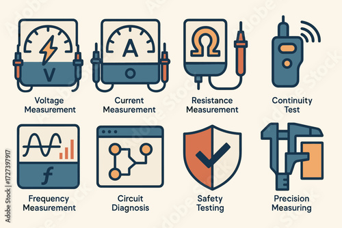 Measurement Icons. Concepts set of icons in abstract flat : voltage measurement, current measurement, resistance measurement, continuity test,