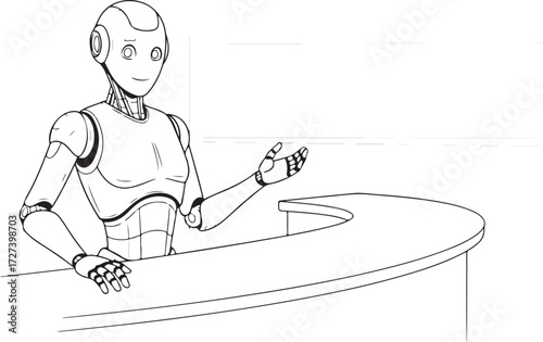 Friendly Humanoid Robot Smiling Behind a Counter with a Welcoming Gesture