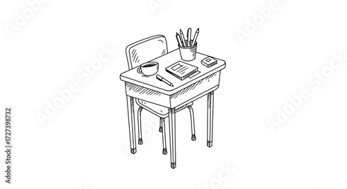 School desk with cup of coffee sketch