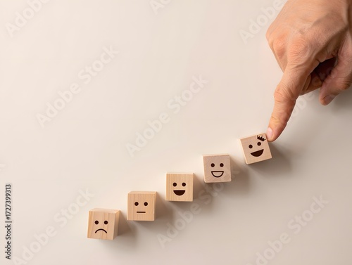 Wooden Emoji Blocks Progression with Hand Pointing to Happy Face