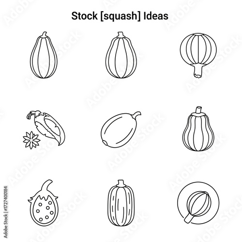 Collection of hand-drawn squash varieties outline set for autumn harvest and food concepts isolated on white background