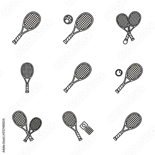 Hand drawn tennis rackets and balls collection sports equipment icons for active lifestyle designs isolated on white background