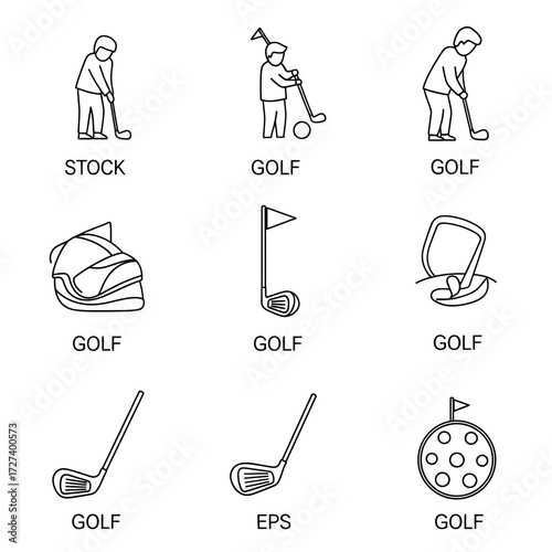 Collection of golf equipment and players depicted in a charming hand-drawn outline style ideal for sports graphics isolated on white background