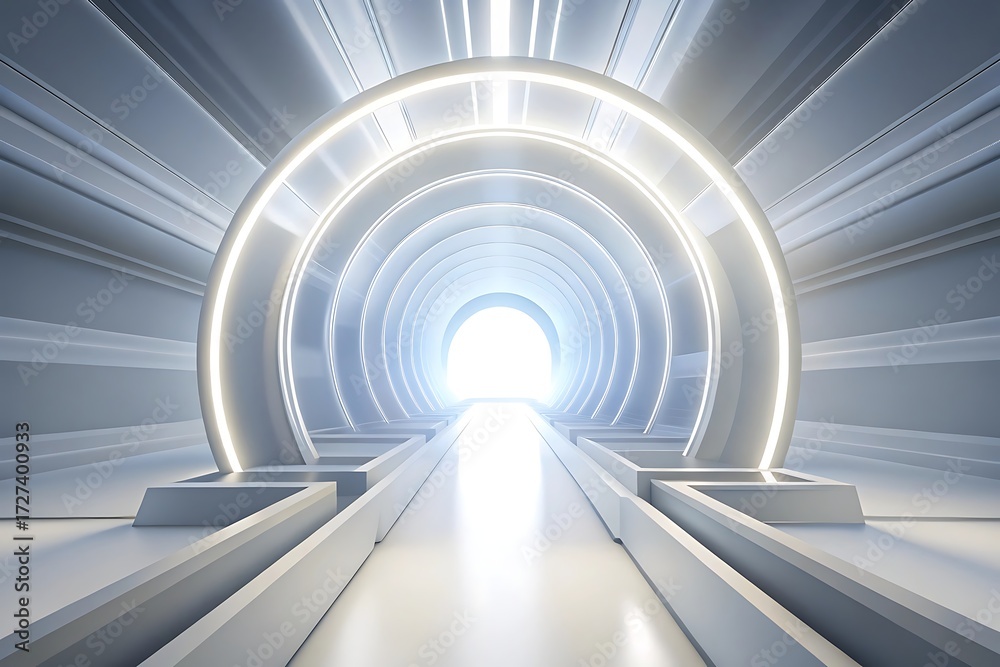 Fototapeta premium Futuristic glowing portal gateway with bright light at the end of a modern sci fi corridor
