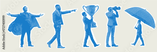 Trendy halftone business people stickers. Business workers in different poses
