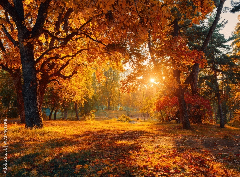 Obraz premium Autumn park at sunset