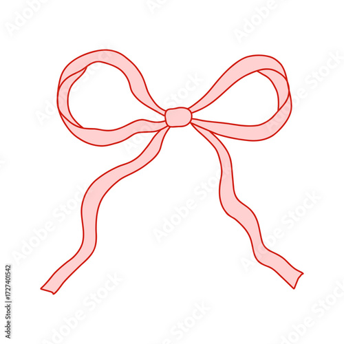 Whimsical coquette pink bow ribbon with red outline. Cute and elegant design element for Valentines Day, packaging, greeting cards, scrapbooking, feminine branding, and decorations. Vector art