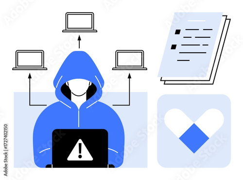 Hooded figure using a laptop with caution alert, four interconnected laptops, documents, and heart icon. Ideal for cybersecurity, hacking, data privacy, threat mitigation, IT systems online safety