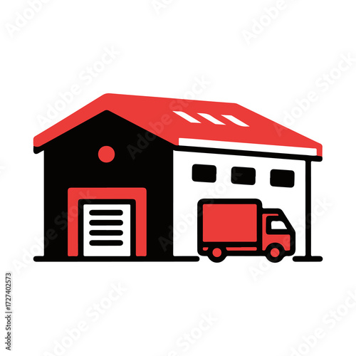 Modern logistics and distribution concept featuring a minimalist warehouse building and a delivery truck, symbolizing efficient global shipping, storage, and supply chain operations for businesses