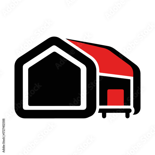 Simple, Modern House Icon with Red Roof and Black Walls