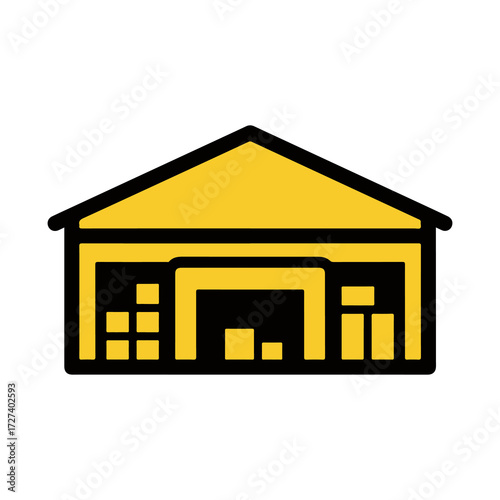 Minimalist yellow warehouse icon representing a storage depot. A modern symbol for supply chain, industrial distribution, and cargo management