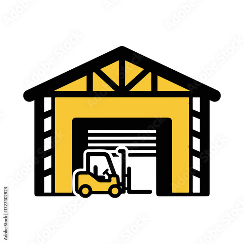 Yellow Warehouse with Forklift Logistics and Storage Icon