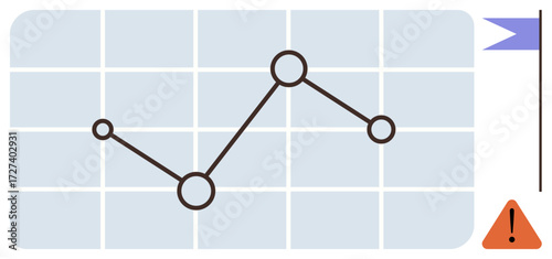 Line graph with circular data points over a grid, blue goal flag on the side, and triangular warning icon. Ideal for analytics, statistics, performance monitoring, tracking progress, trend analysis