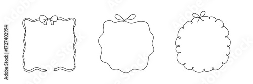 Hand drawn wavy frame set. Black square and circle ribbon border collection. Vector doodled lace cadre frames. Curved squiggly border pack for invitation, wedding party, birthday, greeting card design