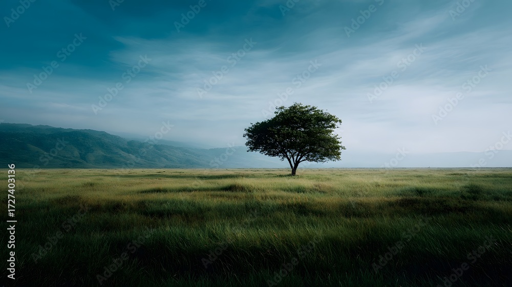 Obraz premium A solitary tree stands in a vast green grassy field under a vast cloudy blue sky