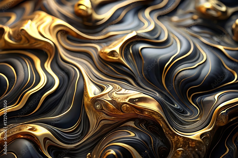 Fototapeta premium Luxurious abstract swirling black and gold texture with organic flowing waves and metallic sheen