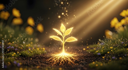 Magical glowing plant with shining roots in a natural environment at sunset. Concept of natural energy, life force, and spiritual growth or healing.