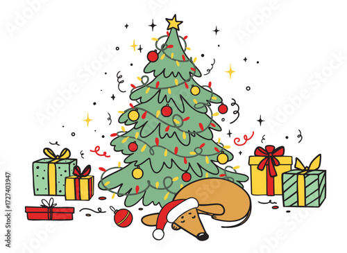 Cute dachshund dog sleeping in a Santa hat under a decorated Christmas tree surrounded by colorful wrapped gifts, festive lights, and ornaments in a cheerful holiday illustration.