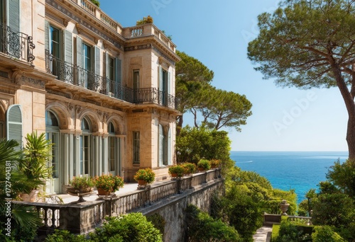 A grand, light beige mansion with light blue shutters overlooks a vast expanse of azure water and lush greenery.