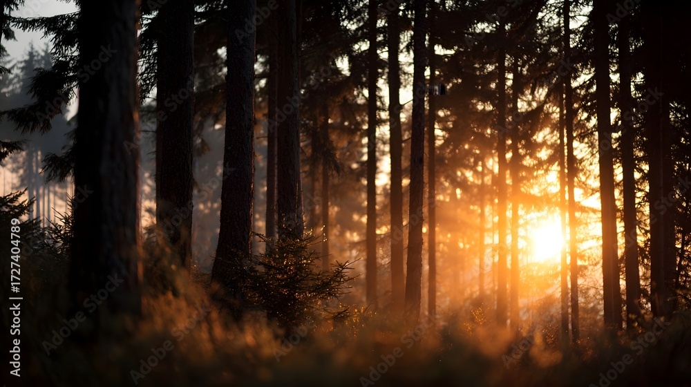 Obraz premium Golden sunset rays filter through the tall trees of a serene forest creating a warm and tranquil atmosphere