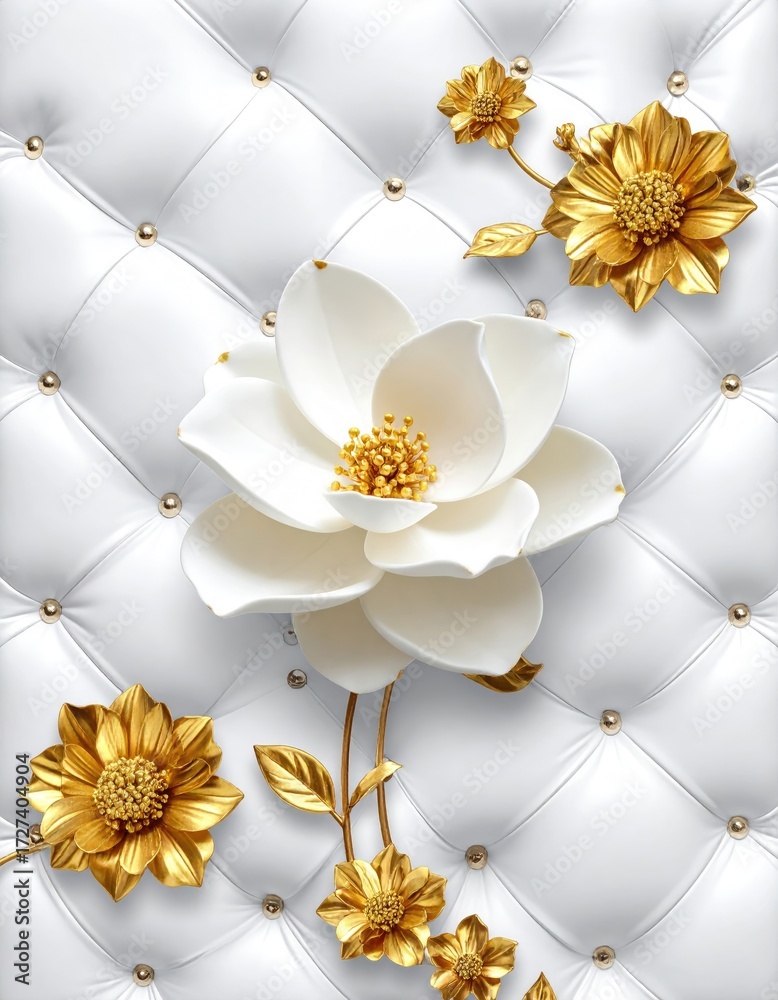 Obraz premium Elegant White and Gold Flowers on Luxurious Tufted Background.
