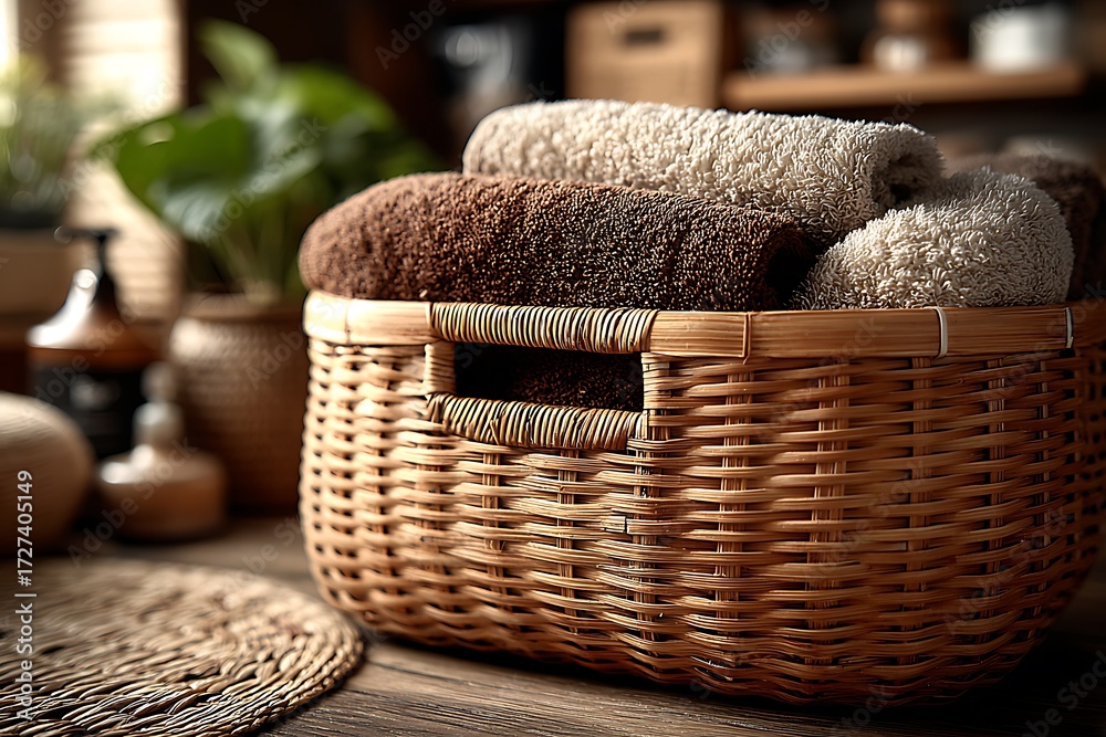 Obraz premium Wicker basket with neatly folded towels high resolution picture